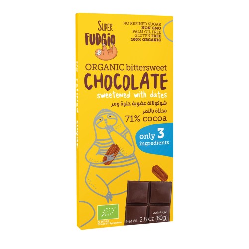 Super Fudgio , Organic bittersweet chocolate sweetened w dates , 80g