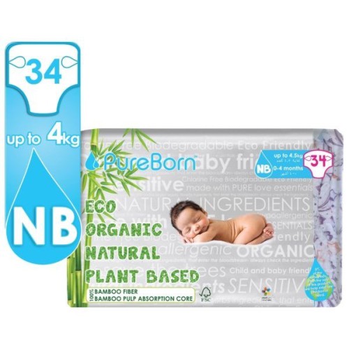 Pureborn, Organic bamboo diapers, NB, 34 pcs