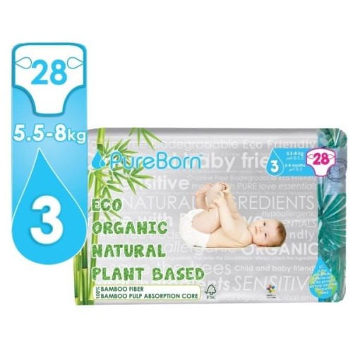 Pureborn, Organic bamboo diapers, No3, 28pcs