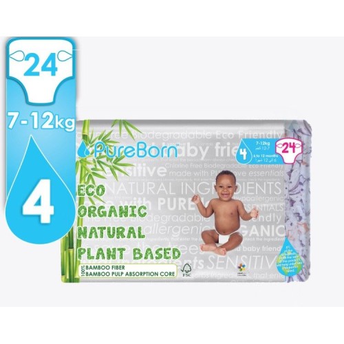 Pureborn, Organic bamboo diapers, No4, 24pcs