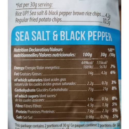 Riceup, Brown rice chips, Sea salt and black pepper, 60g