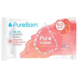 Pureborn, Organic bamboo wipes, grapefruit, 60pcs