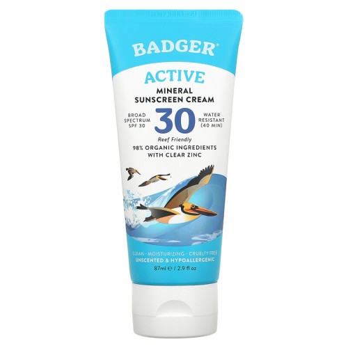 Badger Company, Active, Mineral Sunscreen Cream, SPF 30, Unscented,87 ml