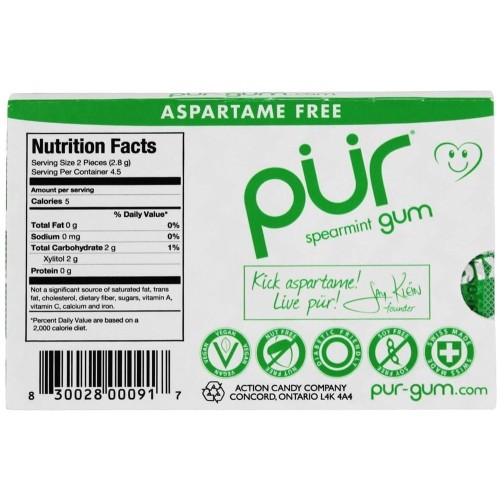 PUR, Spearmint Gum, Sugar Free, 9pcs
