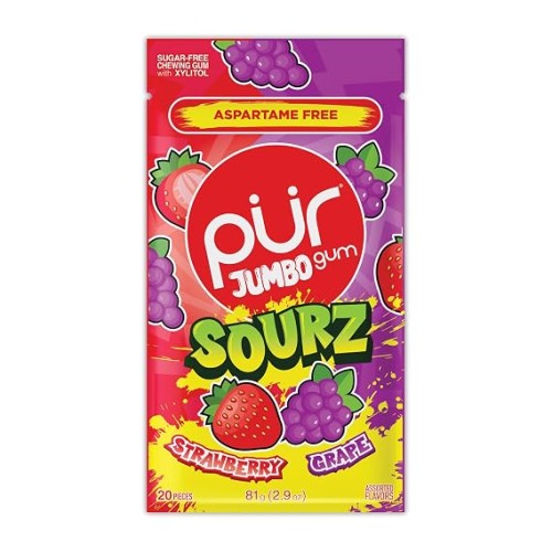 PUR, Jumbo Gum Sourz Strawberry, Grape, 81g