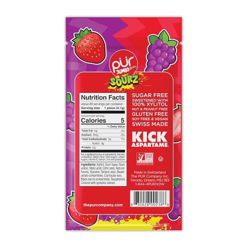 PUR, Jumbo Gum Sourz Strawberry, Grape, 81g
